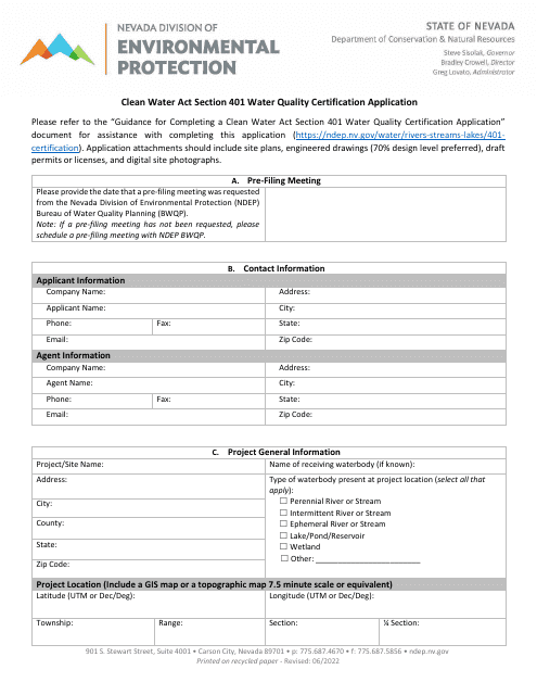 Clean Water Act Section 401 Water Quality Certification Application - Nevada Download Pdf