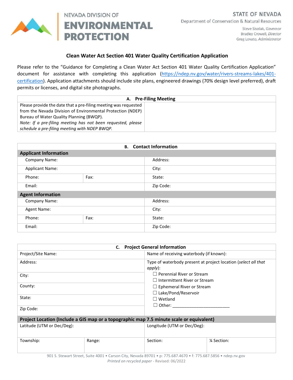 Clean Water Act Section 401 Water Quality Certification Application - Nevada, Page 1