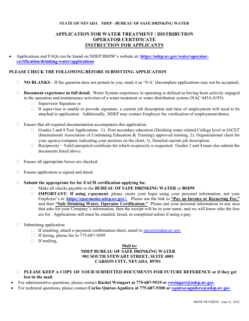 Application for Water Treatment/Distribution Operator Certificate - Nevada