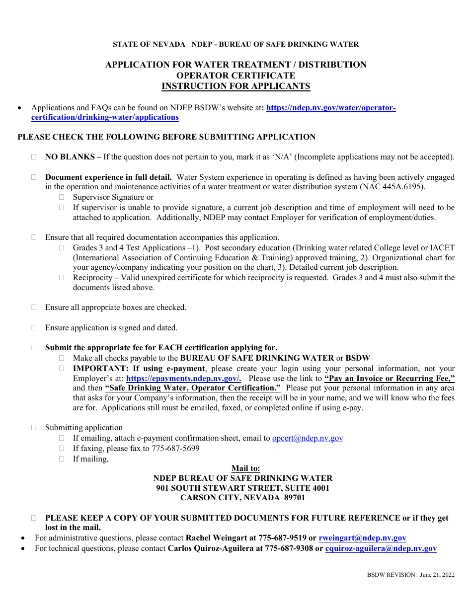 Application for Water Treatment / Distribution Operator Certificate - Nevada, Page 1