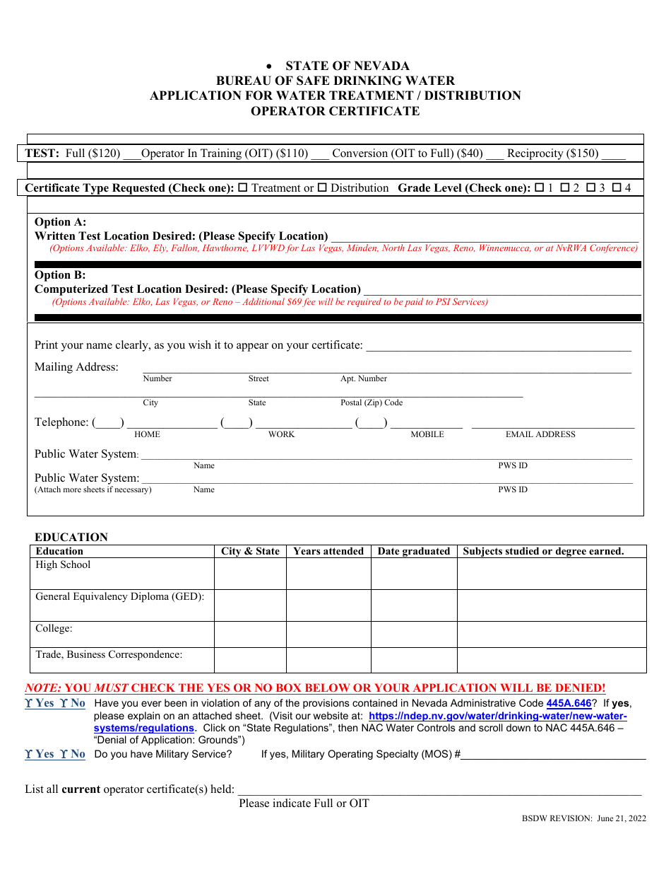 Application for Water Treatment / Distribution Operator Certificate - Nevada, Page 2