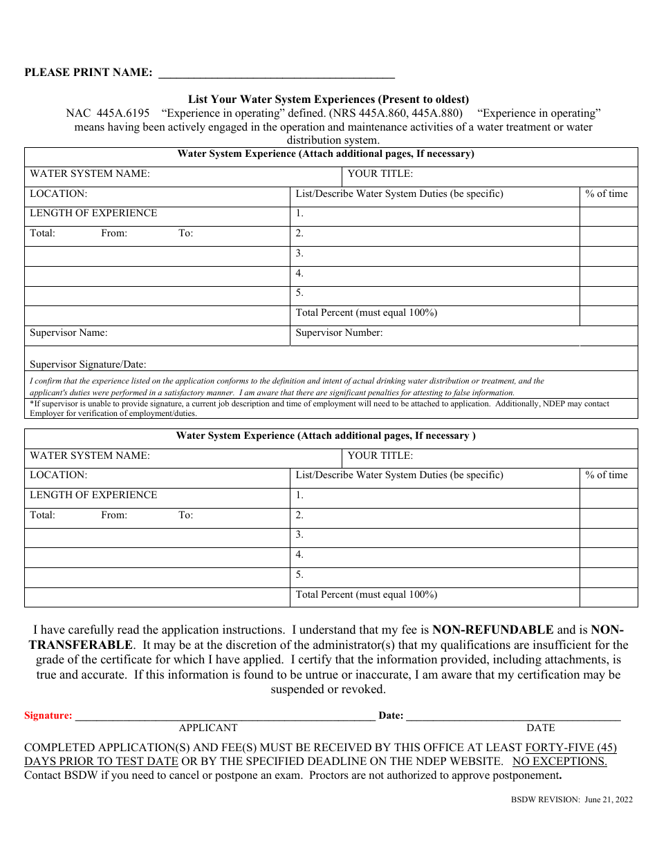 Nevada Application for Water Treatment/Distribution Operator