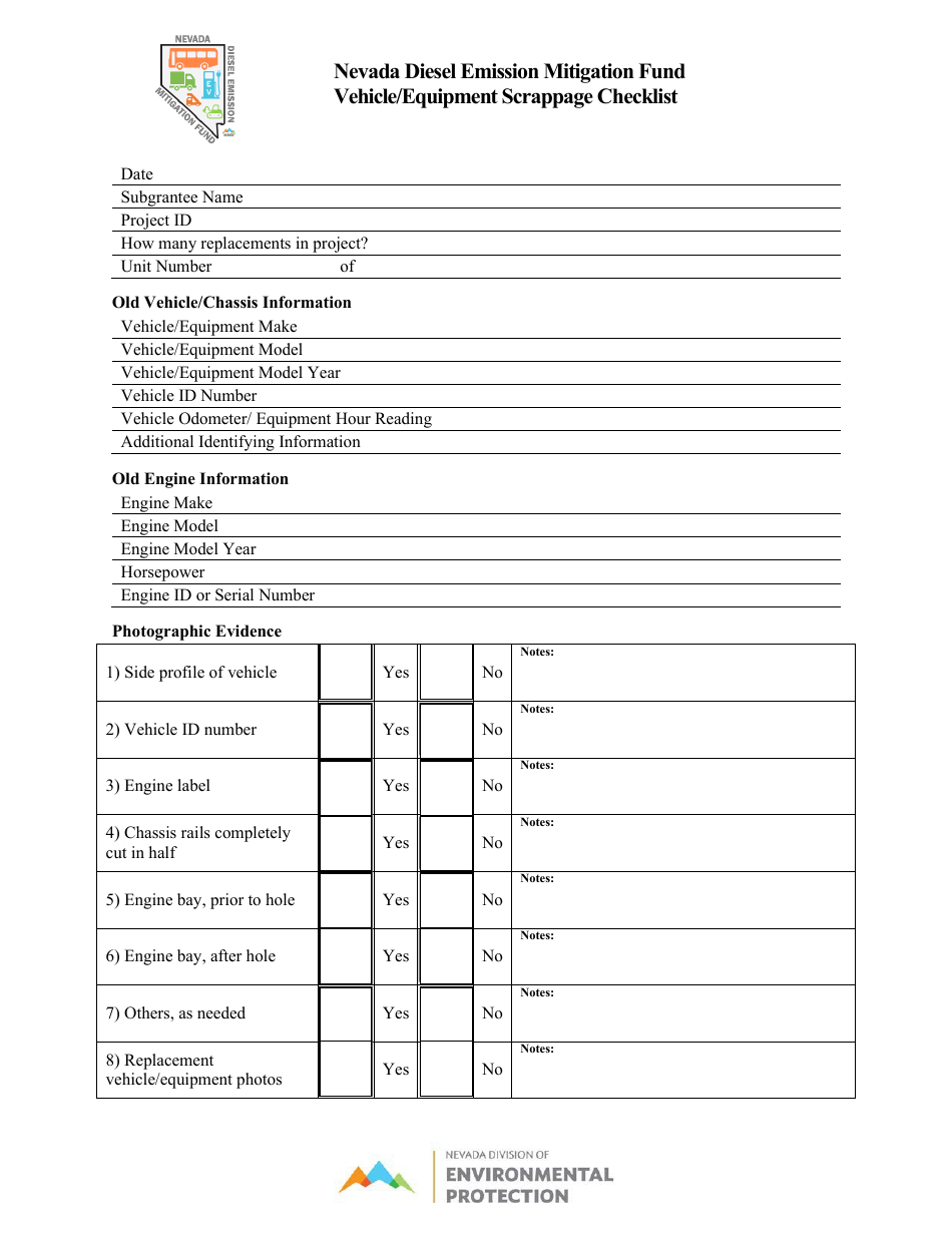 Vehicle / Equipment Scrappage Checklist - Nevada Diesel Emission Mitigation Fund - Nevada, Page 1