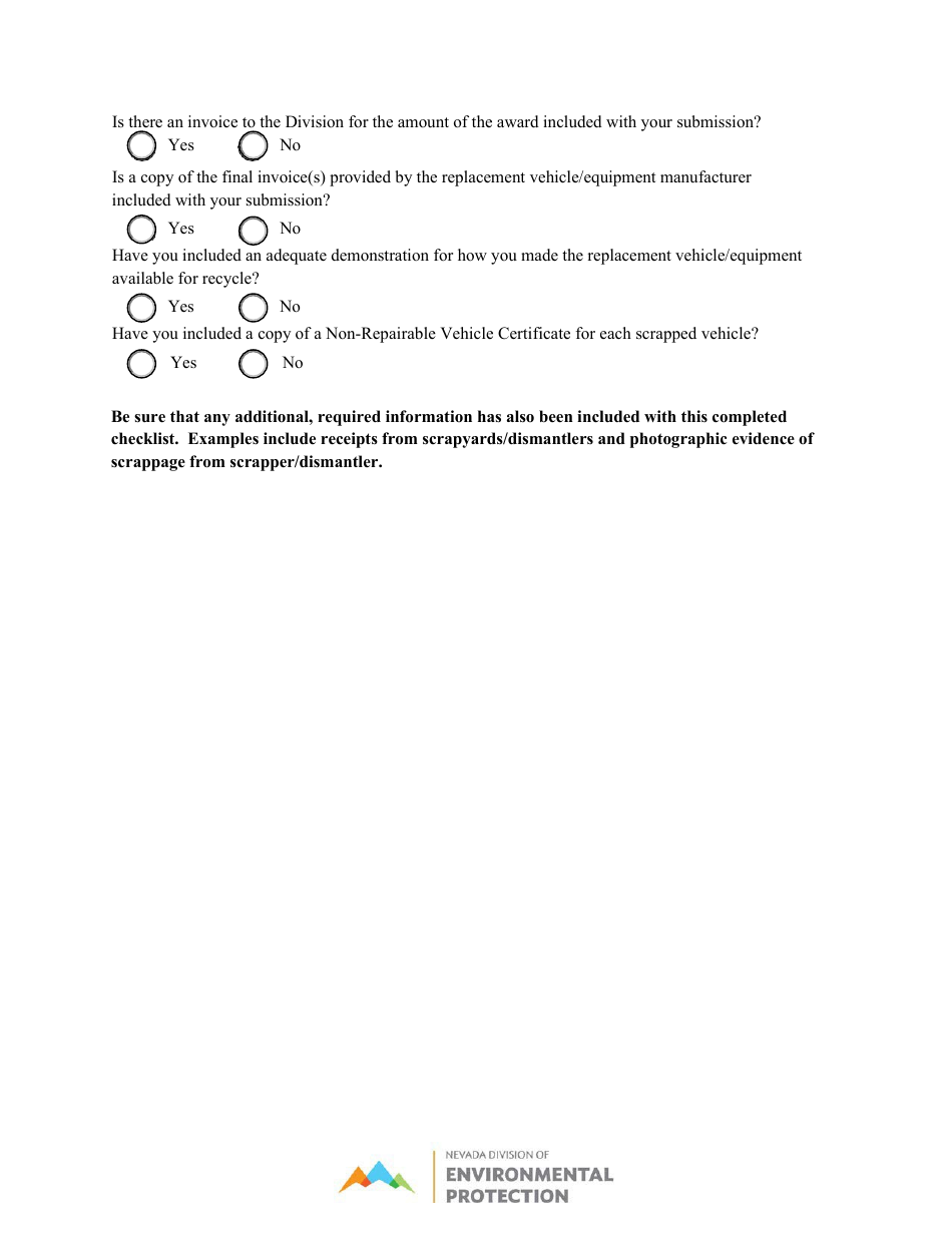 Vehicle / Equipment Scrappage Checklist - Nevada Diesel Emission Mitigation Fund - Nevada, Page 2