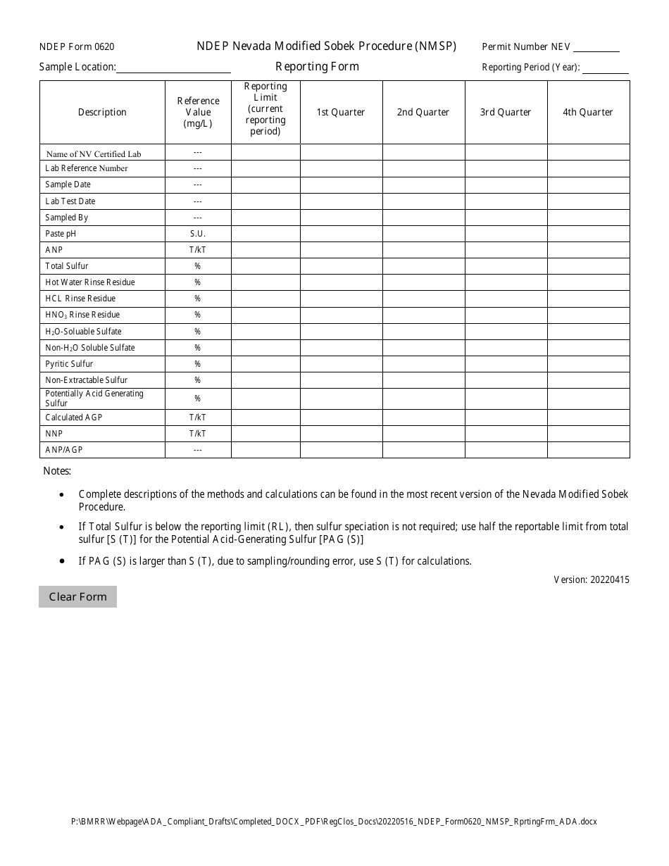 NDEP Form 0620 Ndep Nevada Modified Sobek Procedure (Nmsp) Reporting Form - Nevada, Page 1