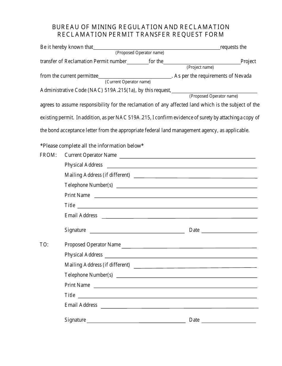Reclamation Permit Transfer Request Form - Nevada, Page 1