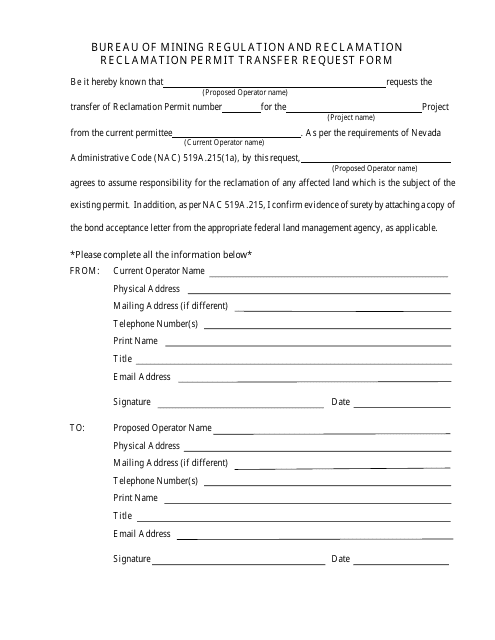 Reclamation Permit Transfer Request Form - Nevada Download Pdf