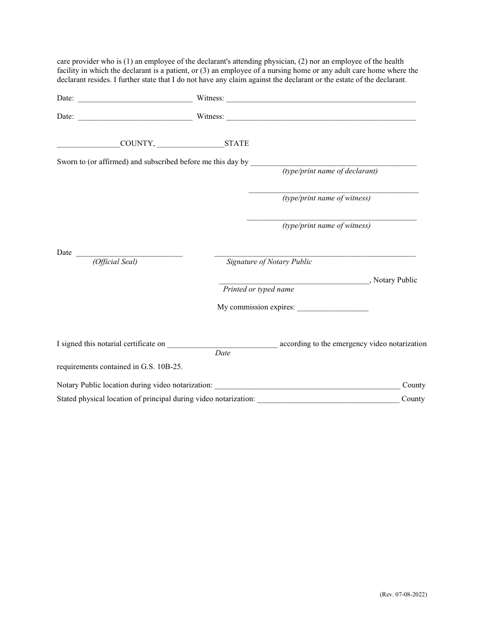 Advance Directive for a Natural Death (Living Will) - North Carolina, Page 4