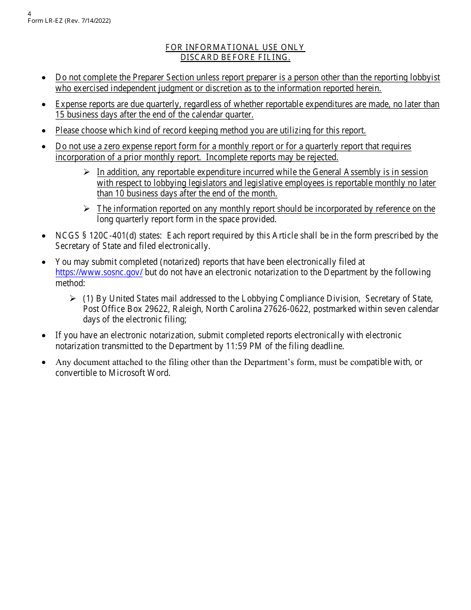 Form LR-EZ Videoconferencing Notarization Lobbyist Zero Expense Report Short Form - North Carolina, Page 2