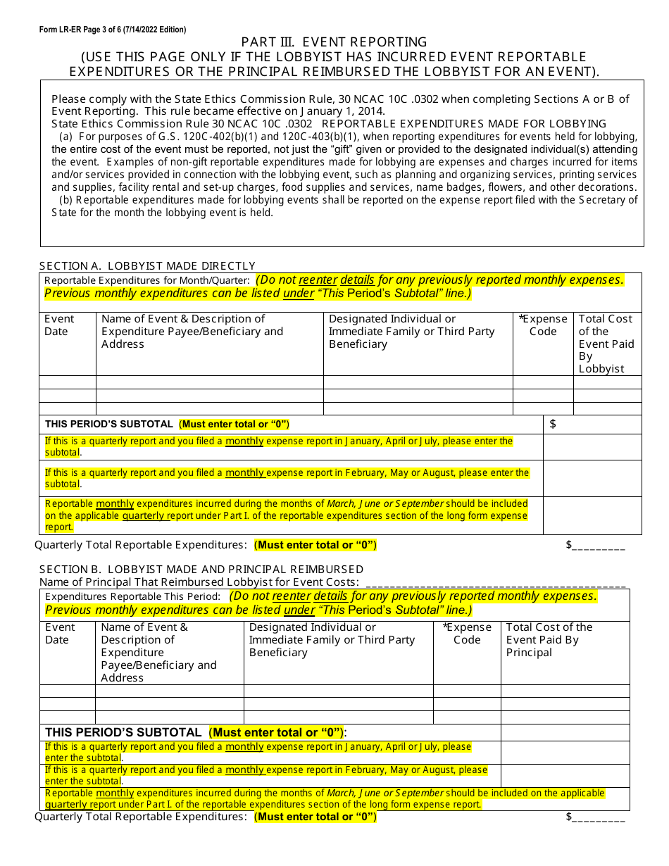 Form LR-ER Videoconferencing Notarization Lobbyist Expense Report - Long Form - North Carolina, Page 3