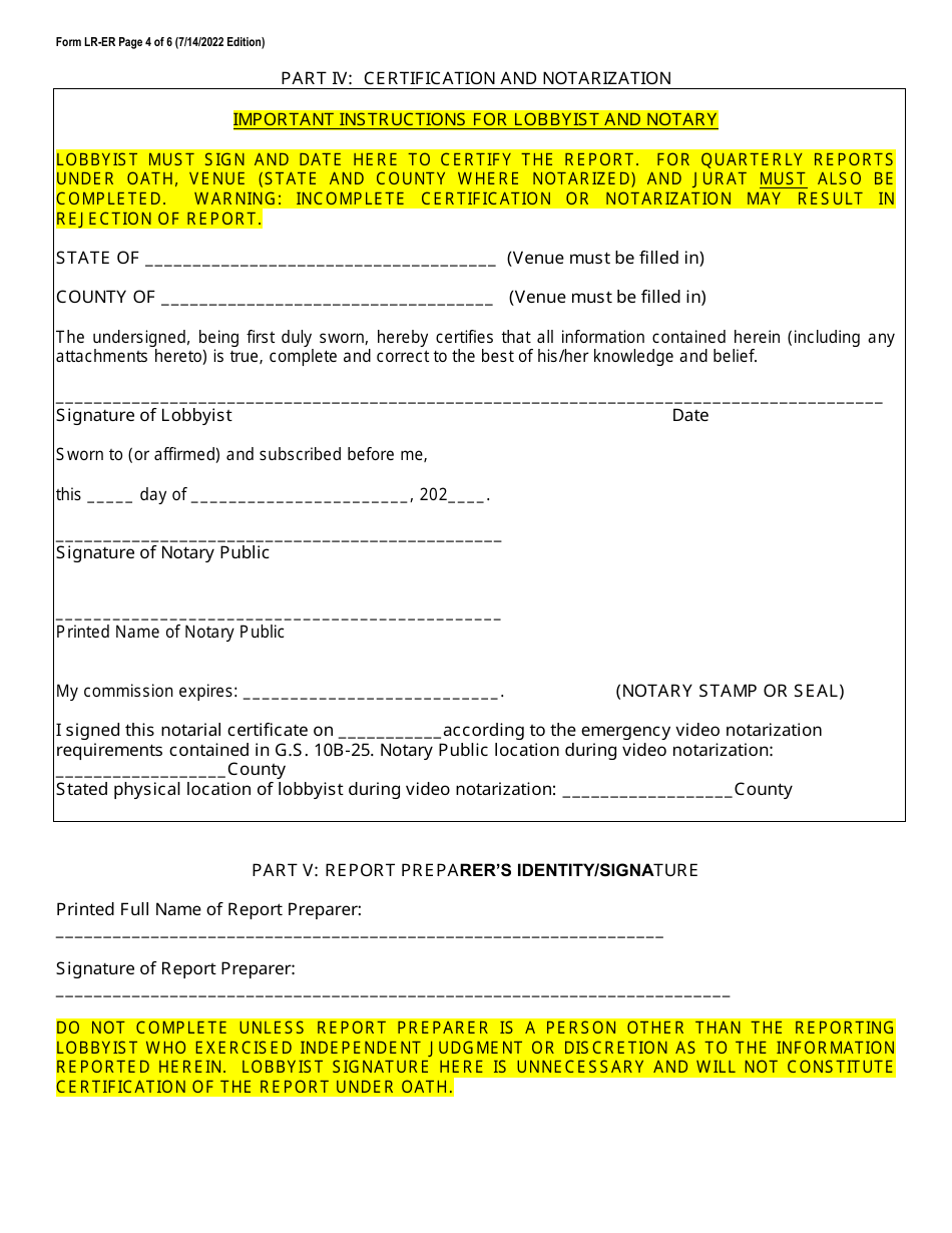 Form LR-ER Videoconferencing Notarization Lobbyist Expense Report - Long Form - North Carolina, Page 4