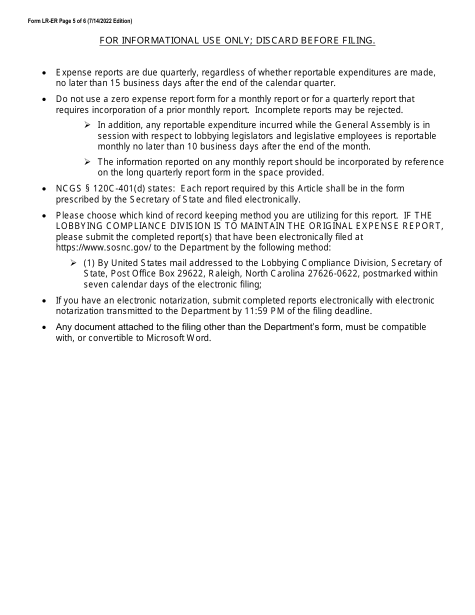 Form LR-ER Videoconferencing Notarization Lobbyist Expense Report - Long Form - North Carolina, Page 5