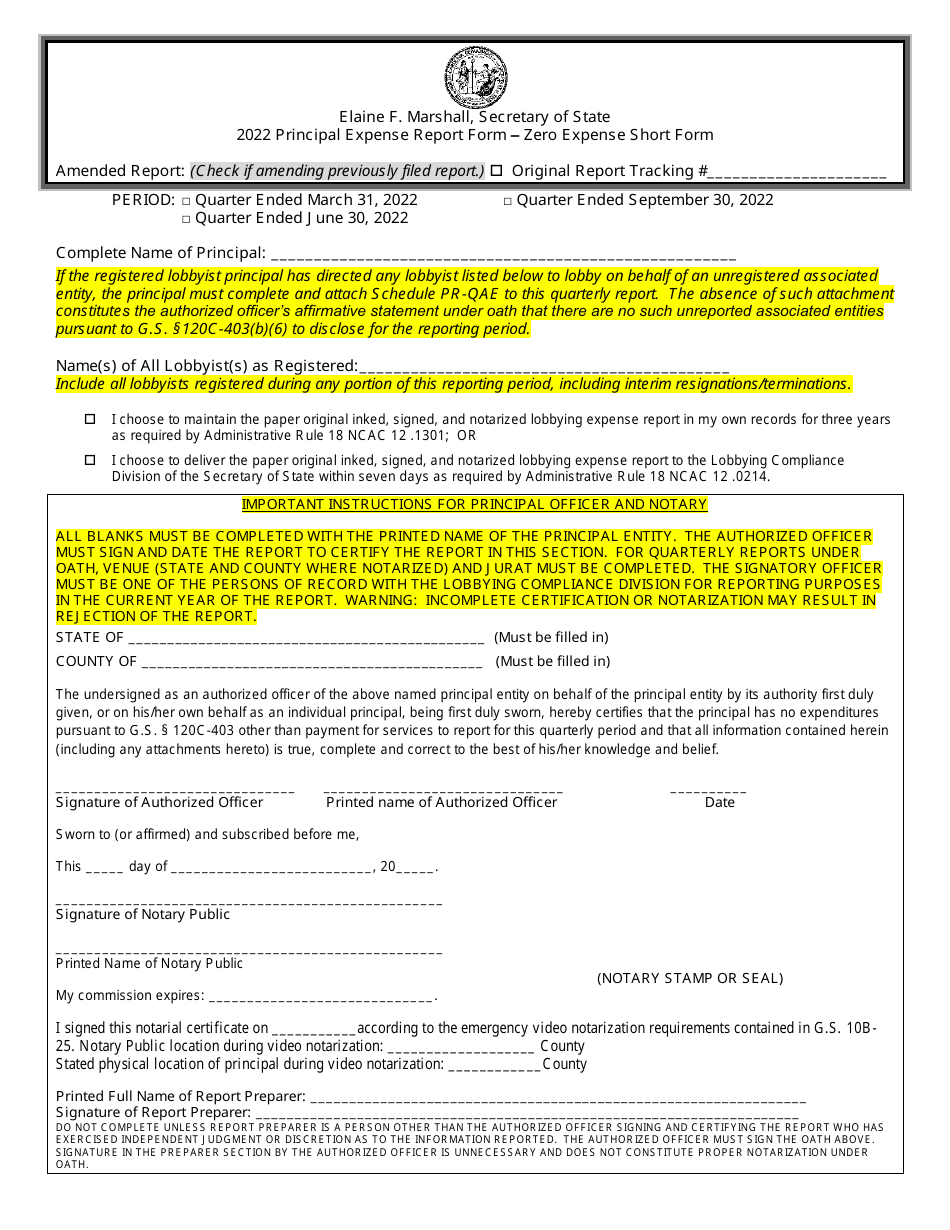 Quarterly Videoconferencing Notarization Principal Expense Report Form - Zero Expense Short Form - North Carolina, Page 1