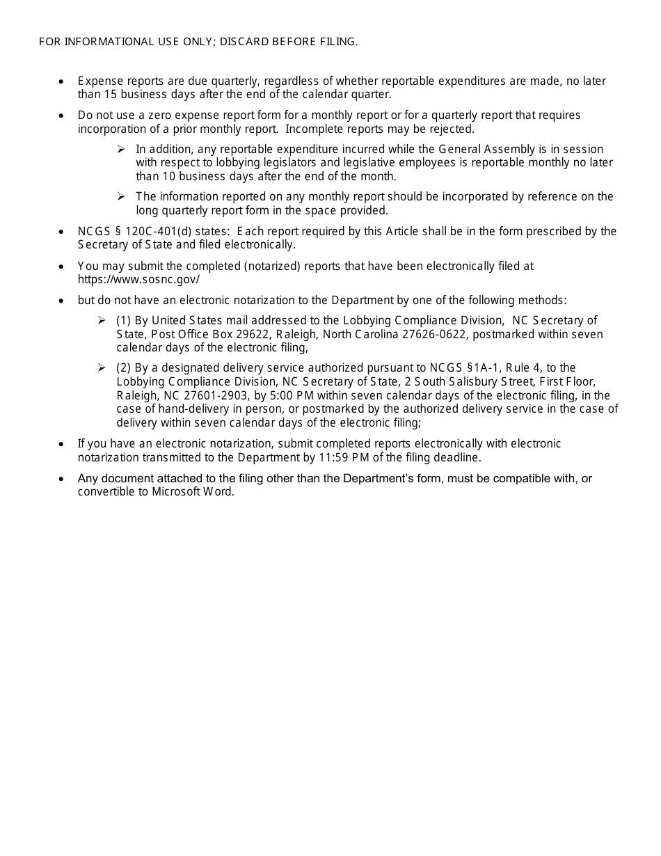 Quarterly Videoconferencing Notarization Principal Expense Report Form - Zero Expense Short Form - North Carolina, Page 2