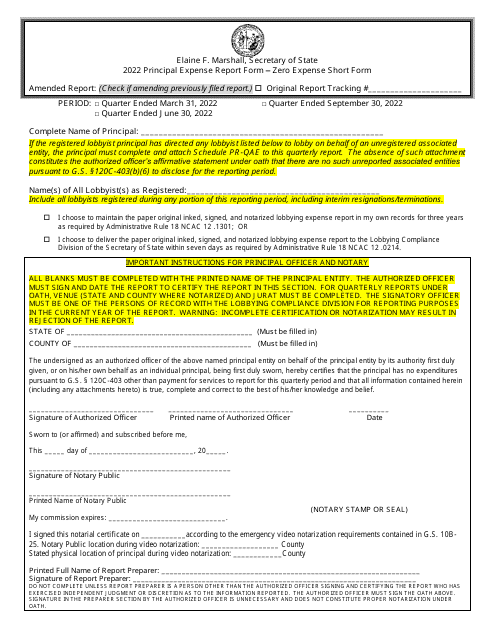 Quarterly Videoconferencing Notarization Principal Expense Report Form - Zero Expense Short Form - North Carolina Download Pdf