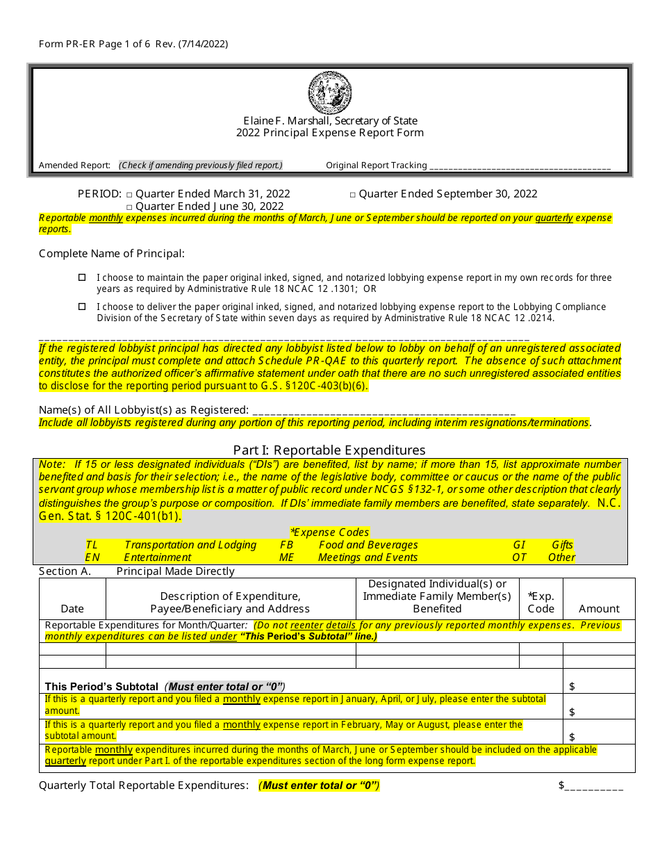 Form PR-ER Quarterly Videoconferencing Notarization Principal Expense Report Form - North Carolina, Page 1