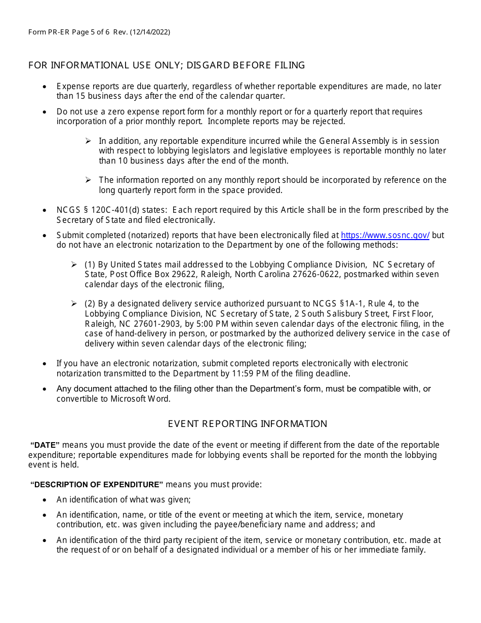 Form PR-ER Quarterly Videoconferencing Notarization Principal Expense Report Form - North Carolina, Page 5