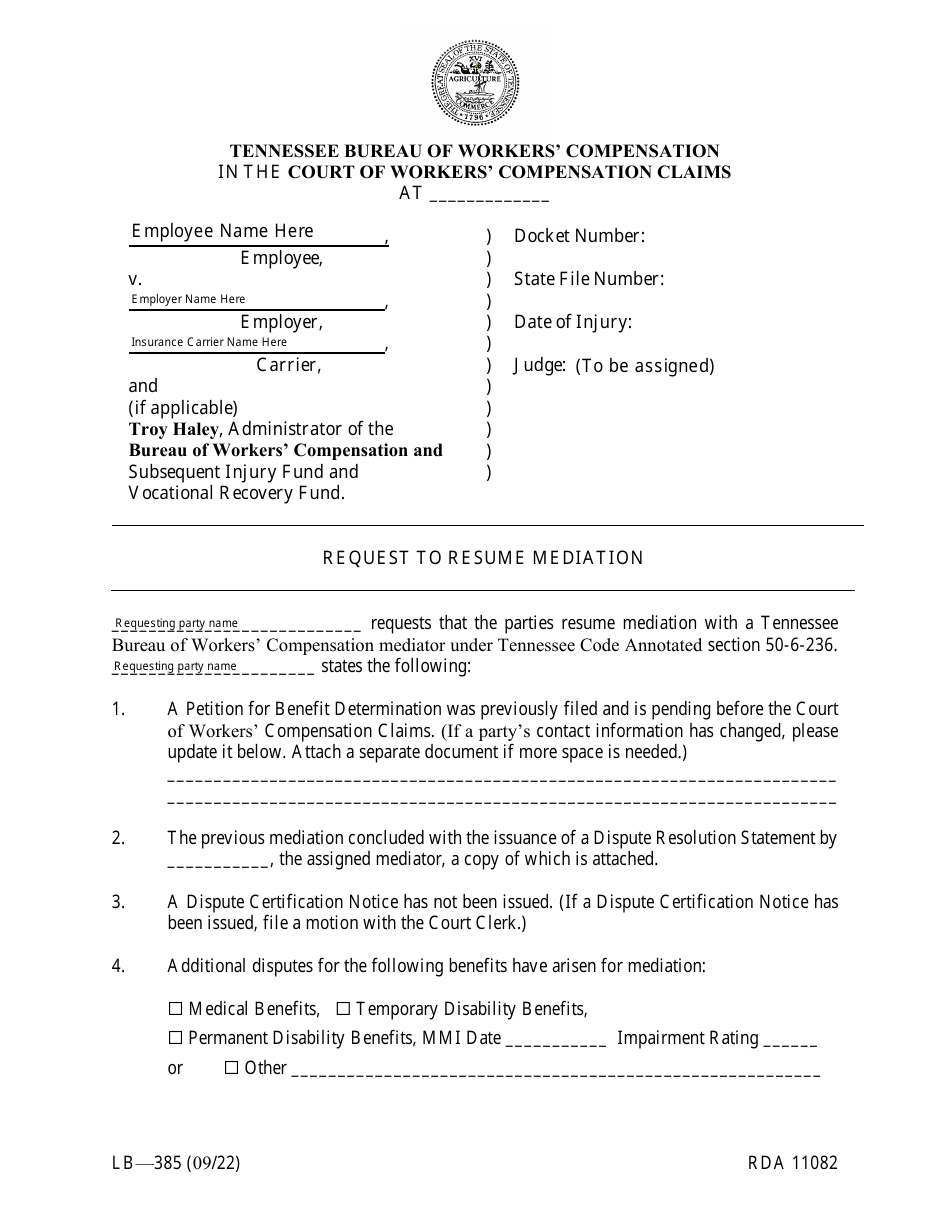 Form LB-385 Request to Resume Mediation - Tennessee, Page 1