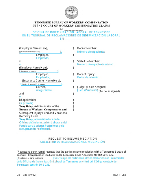 Form LB-385 Request to Resume Mediation - Tennessee (English/Spanish)