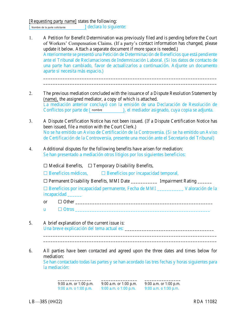 Form LB-385 Request to Resume Mediation - Tennessee (English / Spanish), Page 2