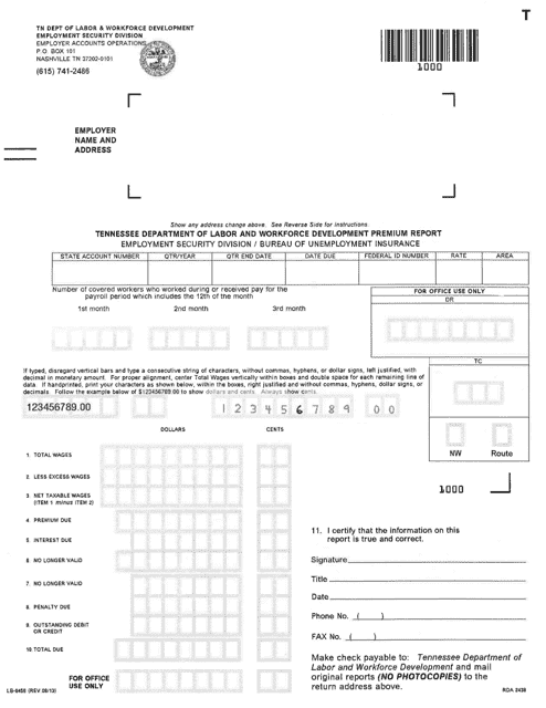 Form LB-0456 Wage and Premium Report - Tennessee