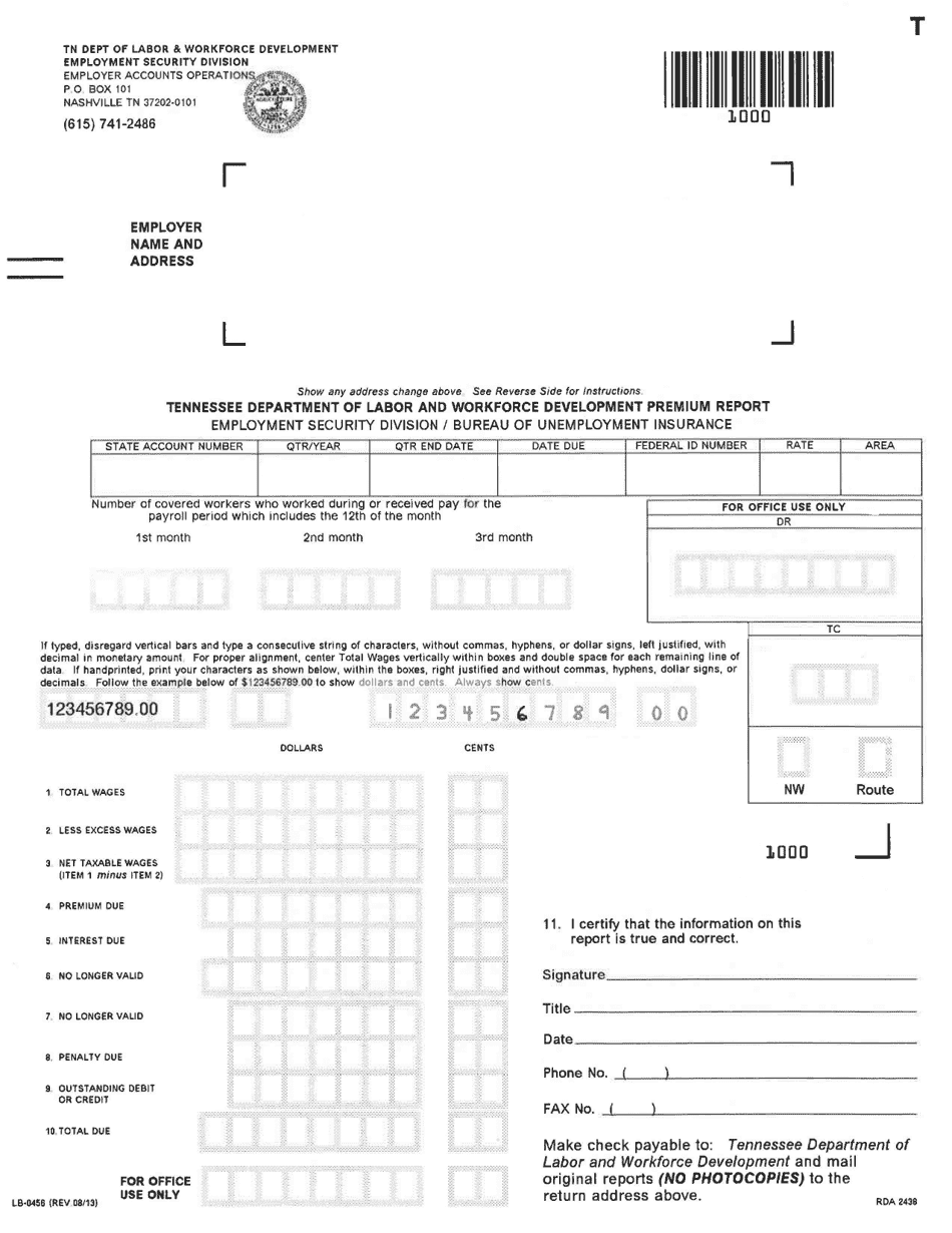 Form LB-0456 Wage and Premium Report - Tennessee, Page 1