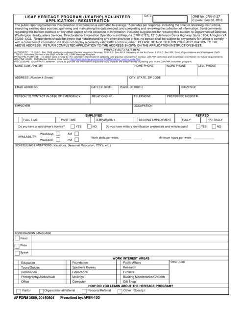 AF Form 3569 USAF Heritage Program (Usafhp) Volunteer Application/Registration