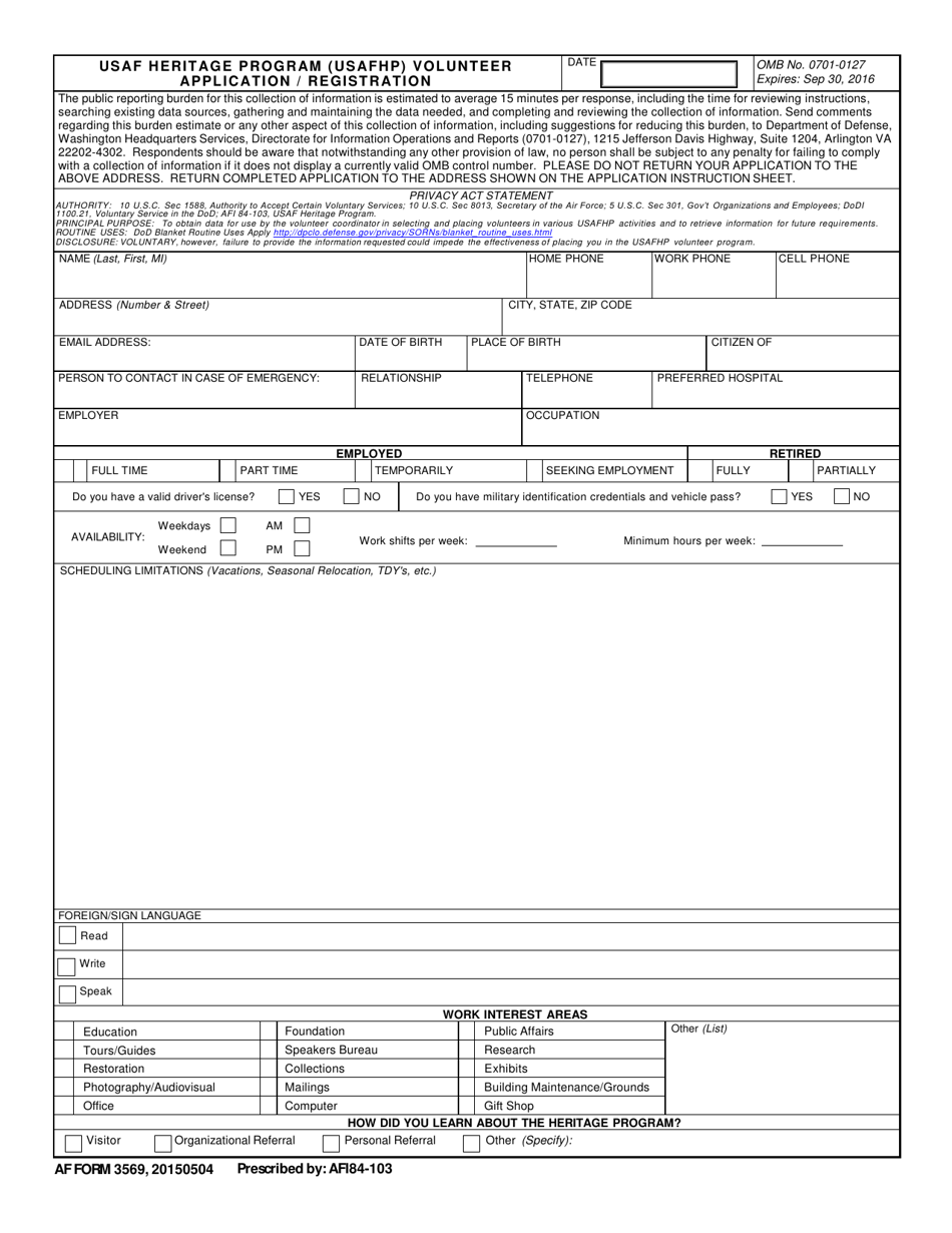 AF Form 3569 USAF Heritage Program (Usafhp) Volunteer Application / Registration, Page 1