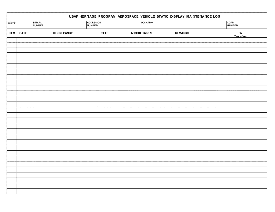 AF Form 3581 USAF Heritage Program Aerospace Vehicle Static Display Maintenance Log, Page 1