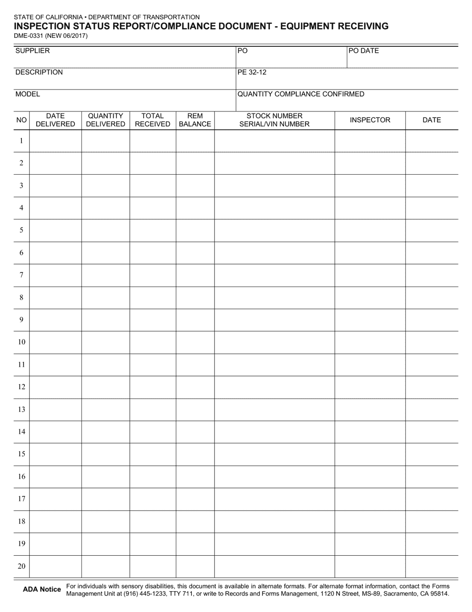 Form DME-0331 Download Fillable PDF or Fill Online Inspection Status ...