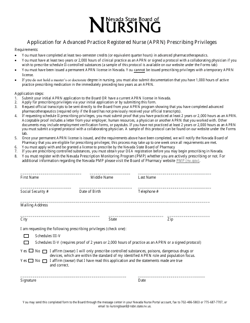 Application for Advanced Practice Registered Nurse (Aprn) Prescribing Privileges - Nevada