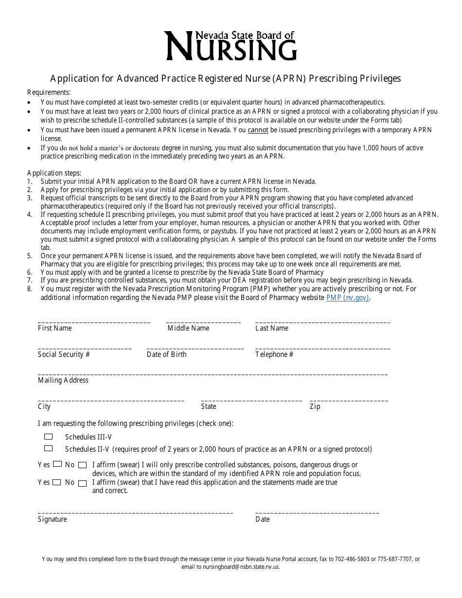 Application for Advanced Practice Registered Nurse (Aprn) Prescribing Privileges - Nevada, Page 1