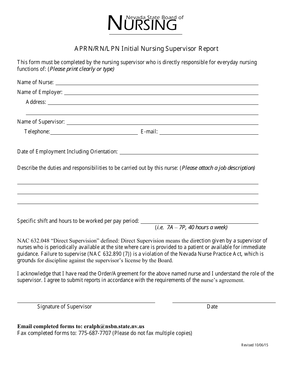 Nevada Aprn/Rn/Lpn Initial Nursing Supervisor Report Fill Out, Sign