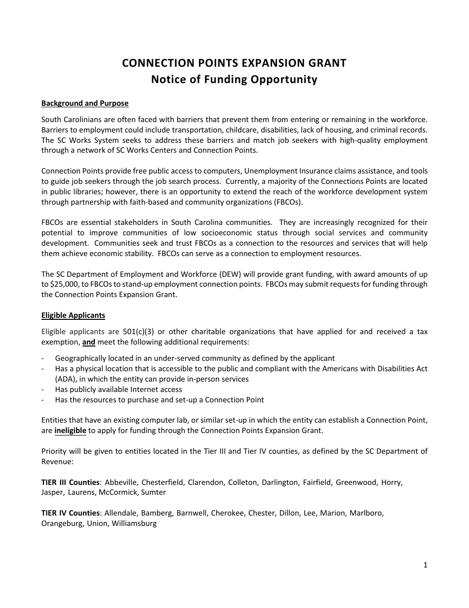 South Carolina Connection Points Expansion Grant Fill Out, Sign Online and Download PDF