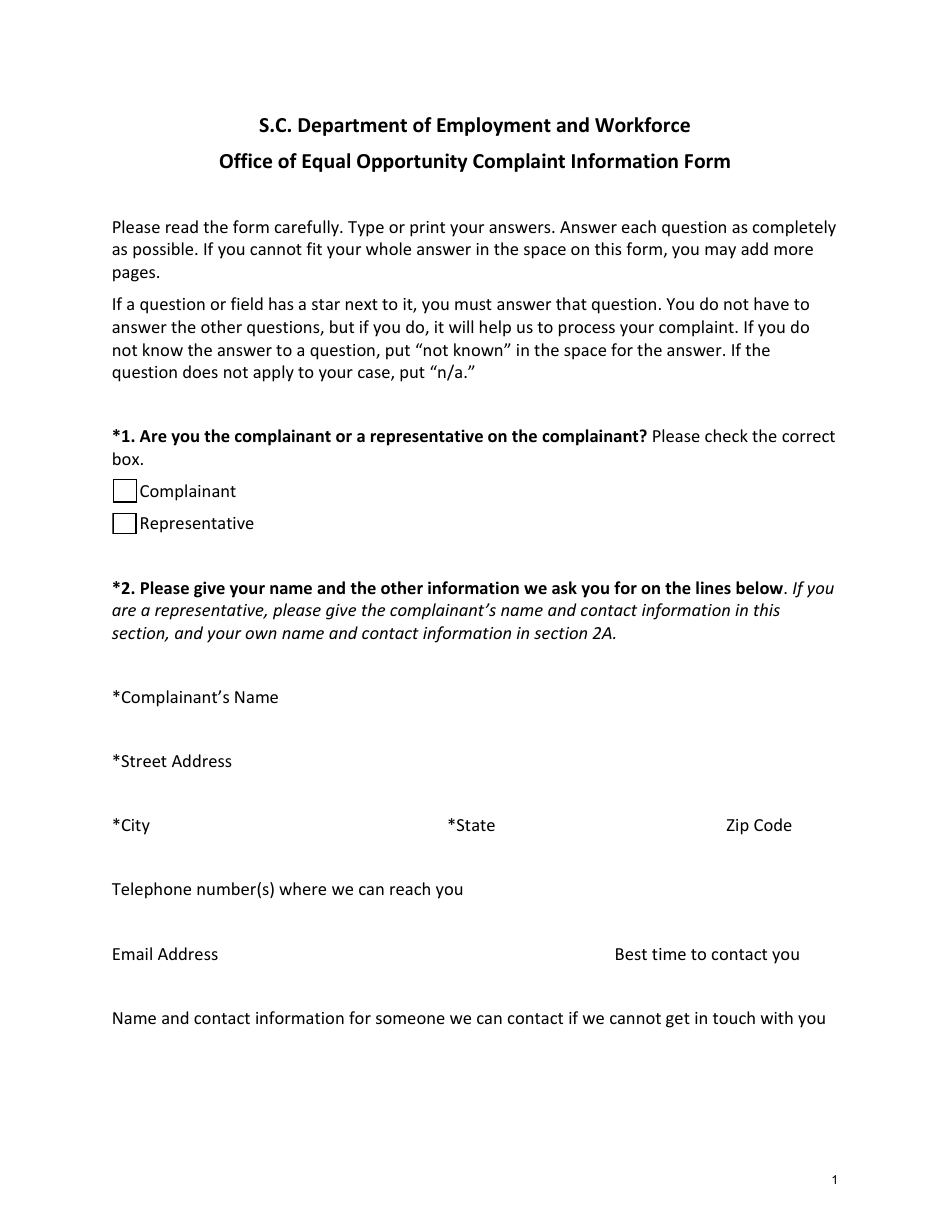 Office of Equal Opportunity Complaint Information Form - South Carolina, Page 1