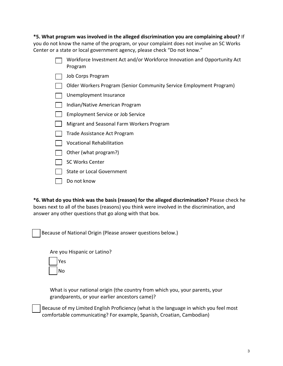 Office of Equal Opportunity Complaint Information Form - South Carolina, Page 3
