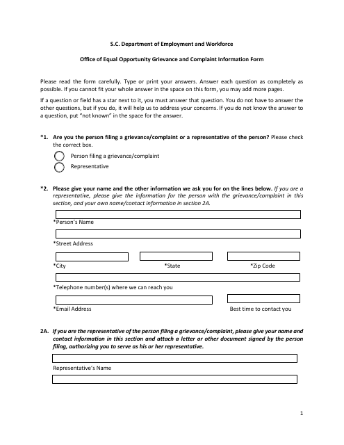 Office of Equal Opportunity Grievance and Complaint Information Form - South Carolina Download Pdf