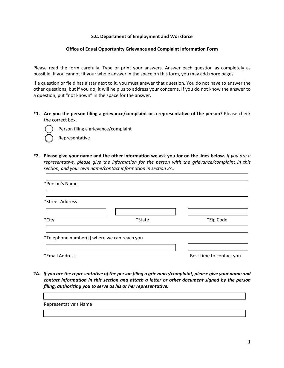 Office of Equal Opportunity Grievance and Complaint Information Form - South Carolina, Page 1