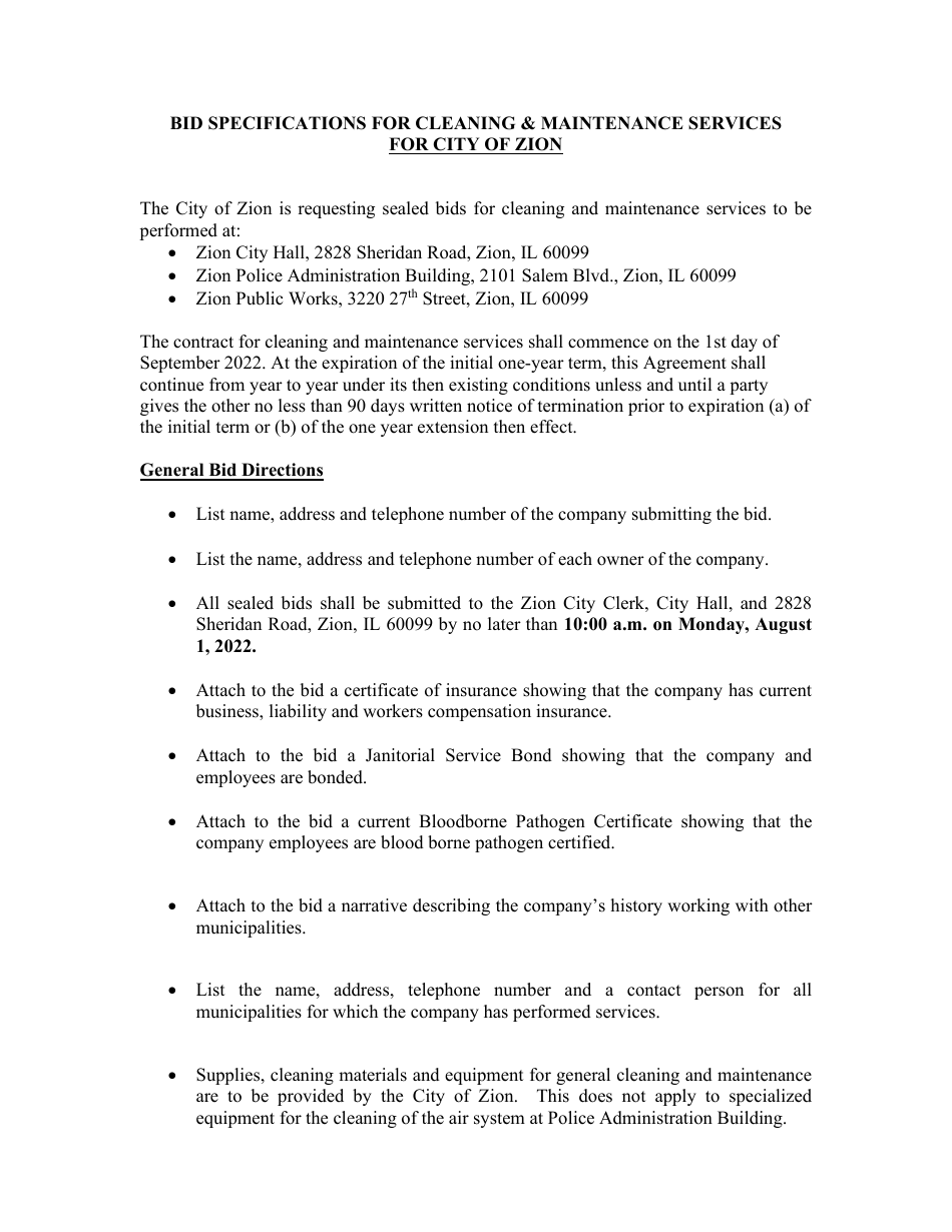 Bid Specifications for Cleaning  Maintenance Services - City of Zion, Illinois, Page 1