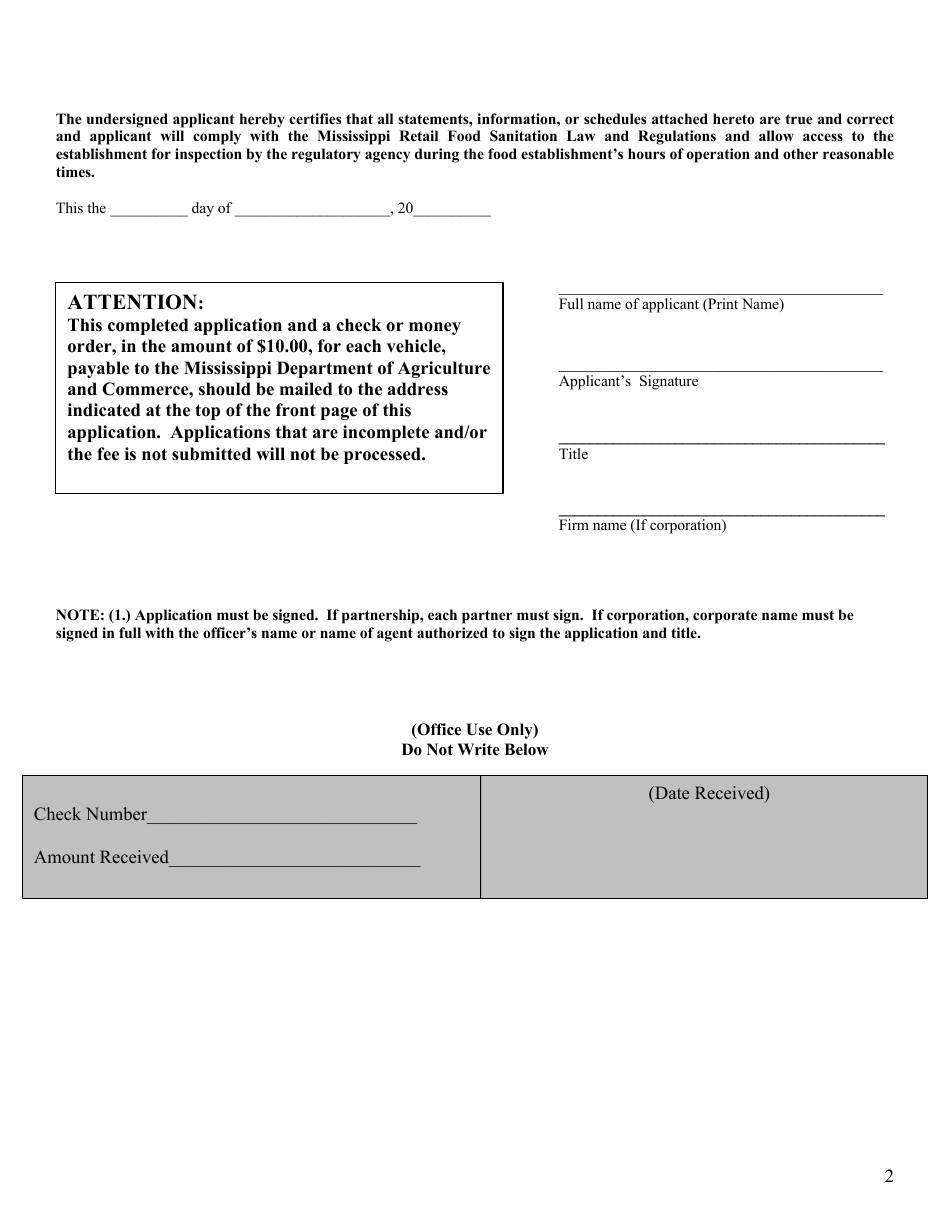 Application for Mobile Retail Food Establishment License - Mississippi, Page 3
