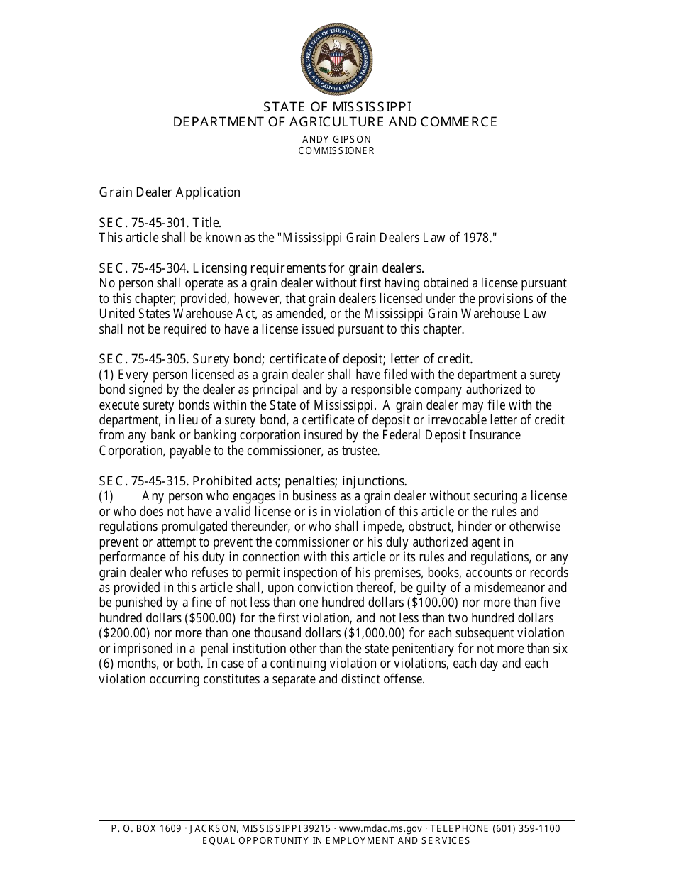 Mississippi Application for Grain Dealer License Fill Out, Sign