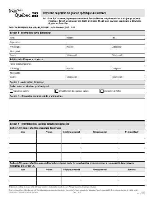 Forme W38-03-2205 Demande De Permis De Gestion Specifique Aux Castors - Quebec, Canada (French)