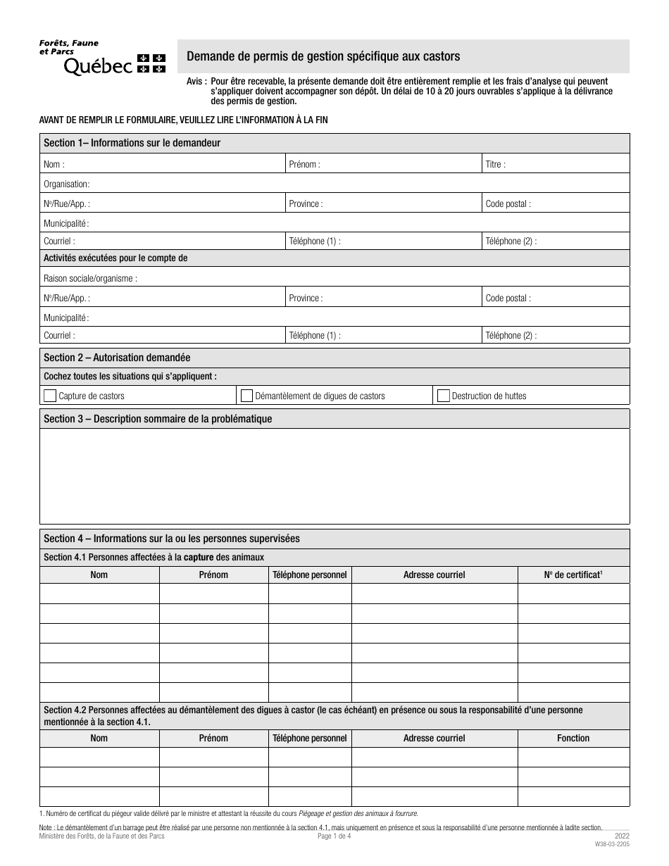 Forme W38-03-2205 Demande De Permis De Gestion Specifique Aux Castors - Quebec, Canada (French), Page 1