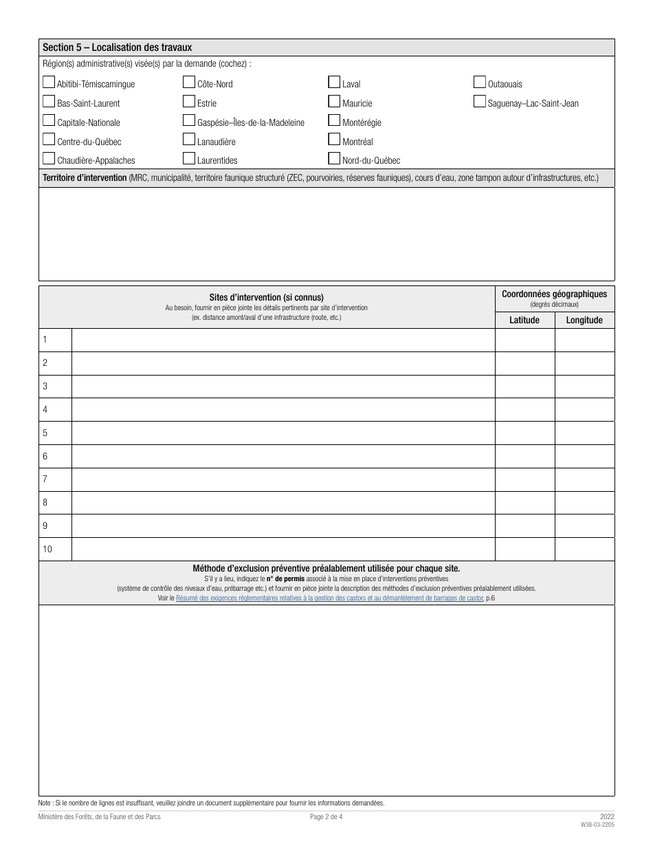 Forme W38-03-2205 Demande De Permis De Gestion Specifique Aux Castors - Quebec, Canada (French), Page 2