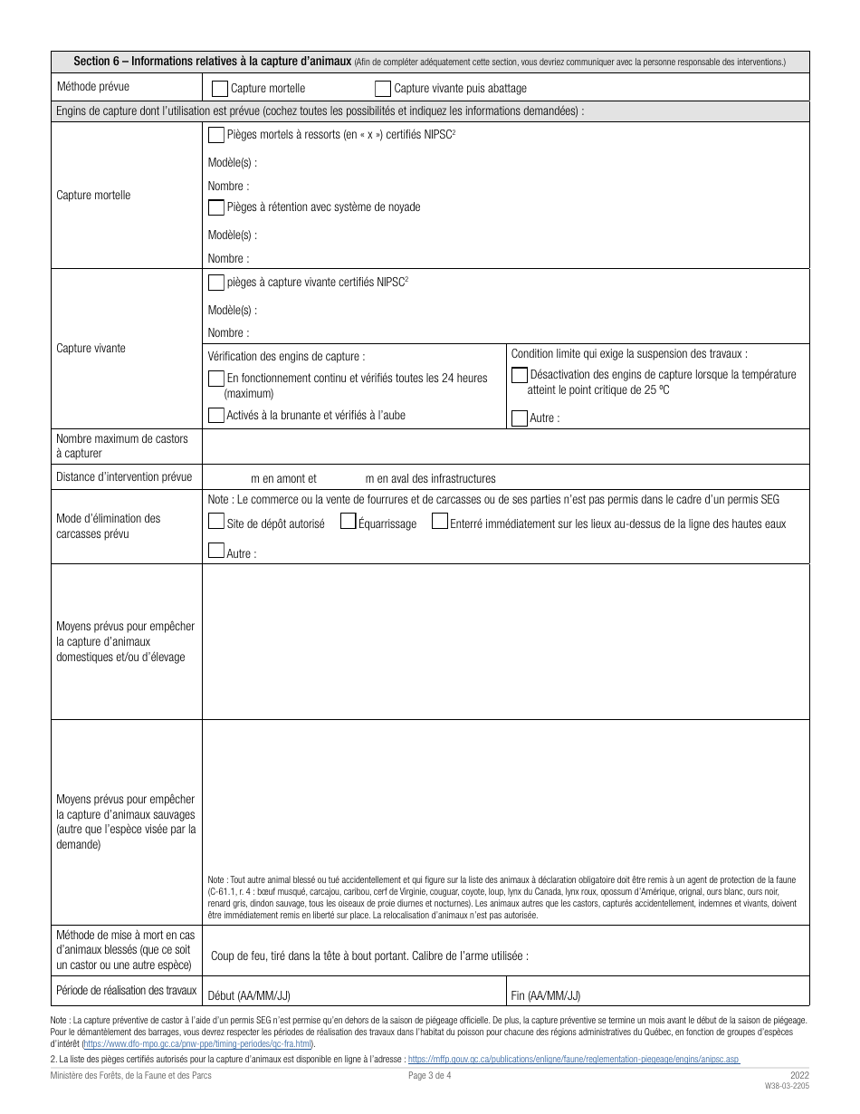 Forme W38-03-2205 Demande De Permis De Gestion Specifique Aux Castors - Quebec, Canada (French), Page 3
