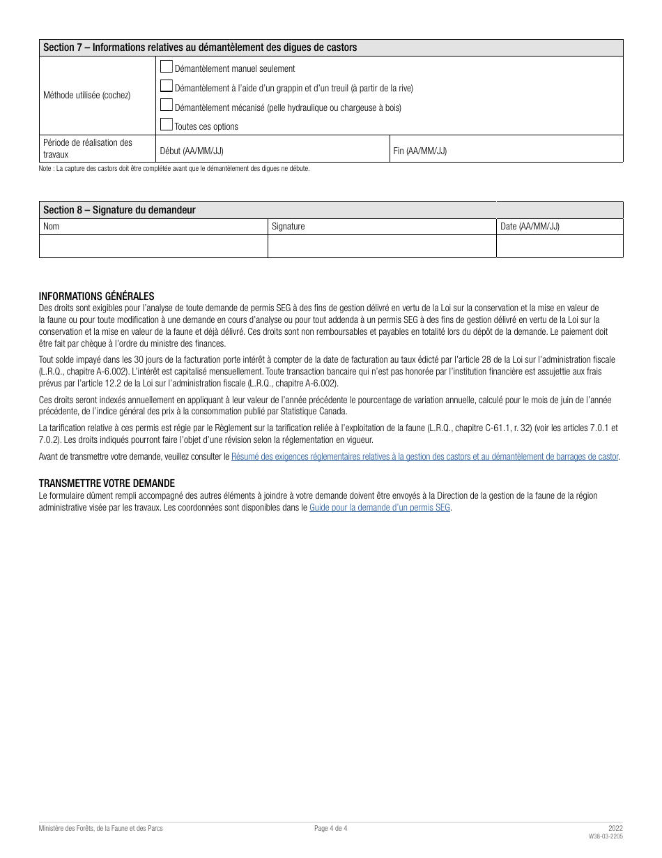 Forme W38-03-2205 Demande De Permis De Gestion Specifique Aux Castors - Quebec, Canada (French), Page 4