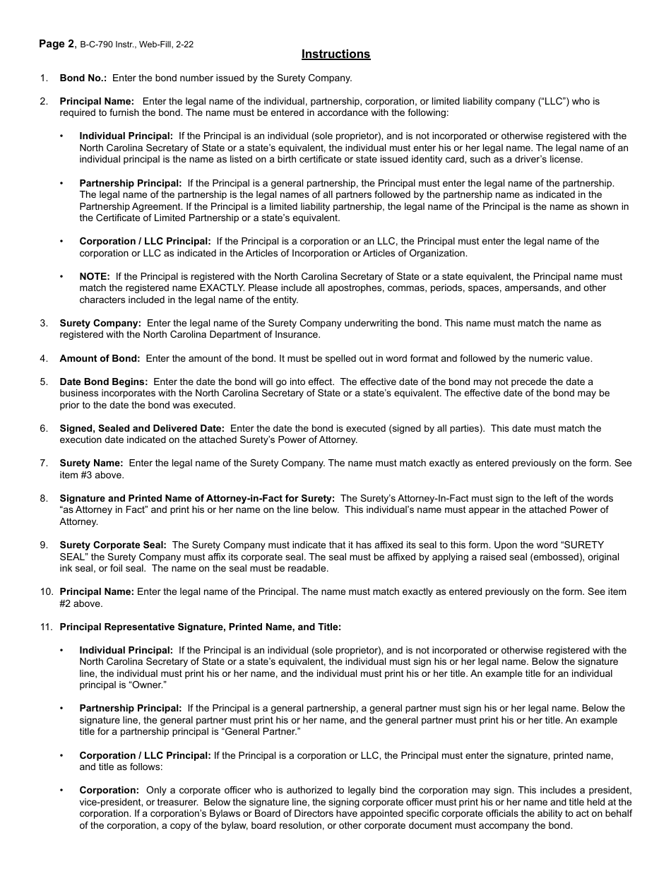 Form B-C-790 Alcoholic Beverage Surety Bond - North Carolina, Page 2