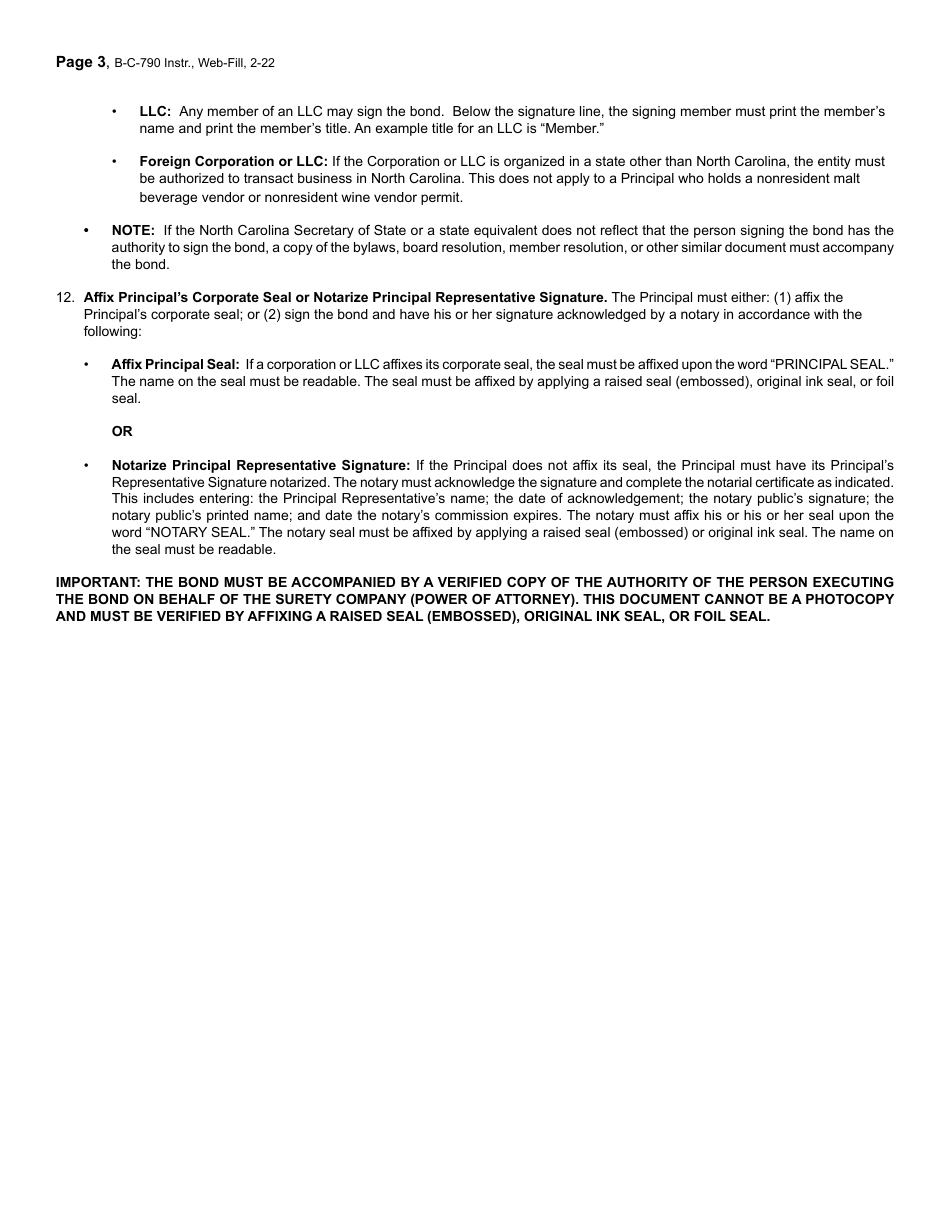 Form B-C-790 Alcoholic Beverage Surety Bond - North Carolina, Page 3