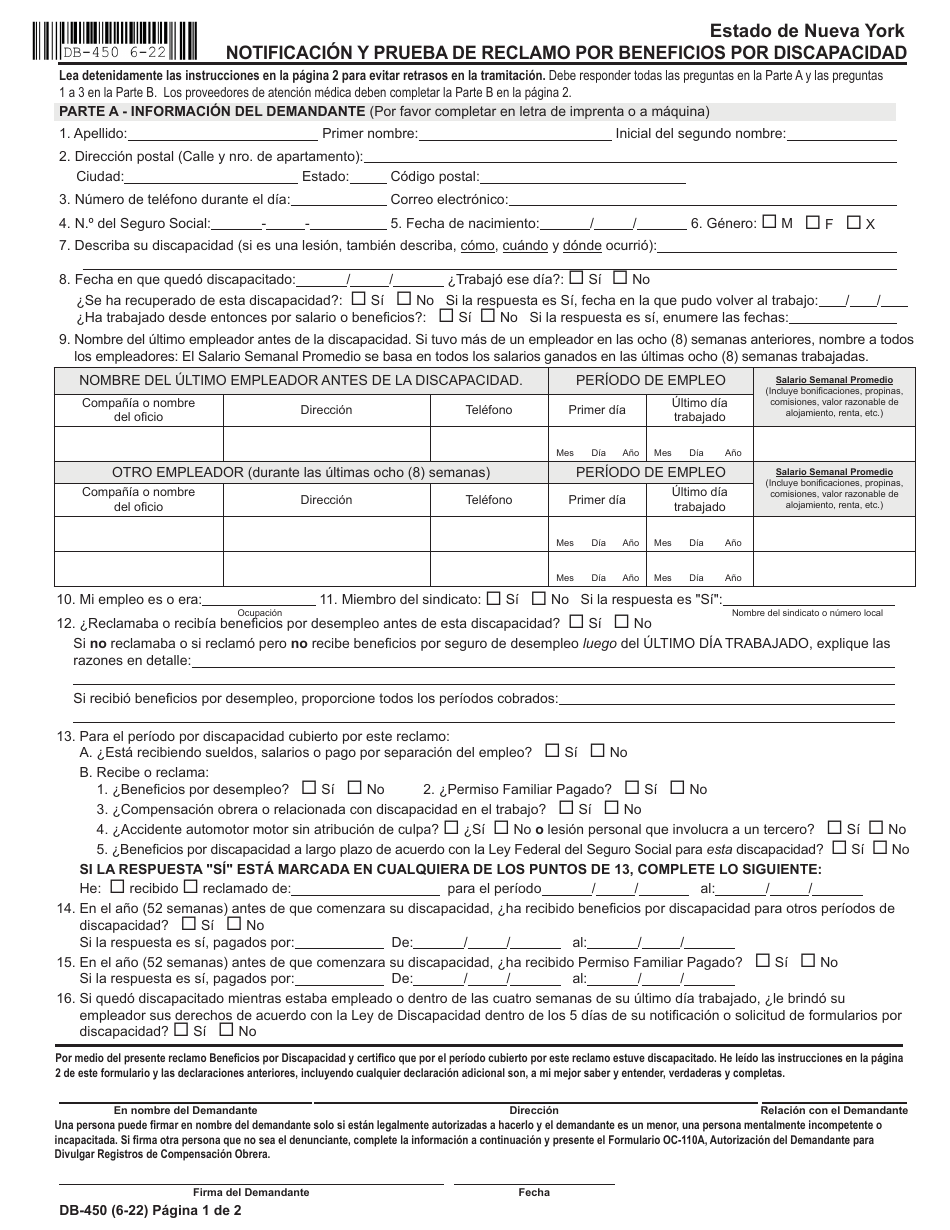 Formulario DB-450 Notificacion Y Prueba De Reclamo Por Beneficios Por Discapacidad - New York (Spanish), Page 1