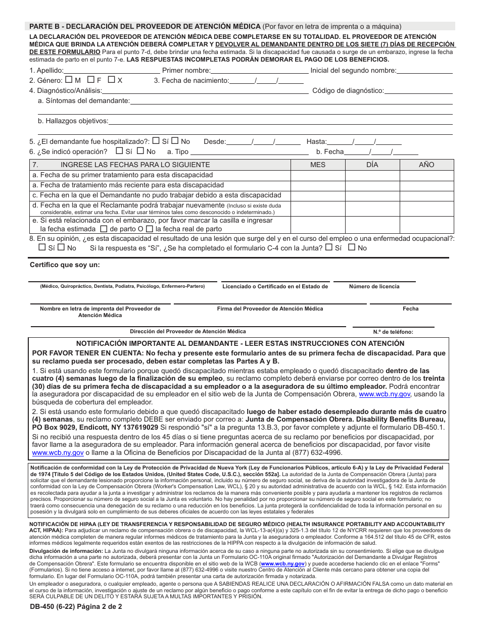 Formulario DB-450 Notificacion Y Prueba De Reclamo Por Beneficios Por Discapacidad - New York (Spanish), Page 2